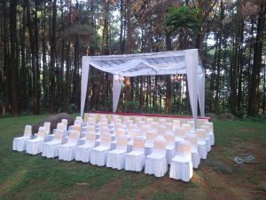 Tenda transparan untuk akad nikah di hutan pinus dengan kursi cover putih